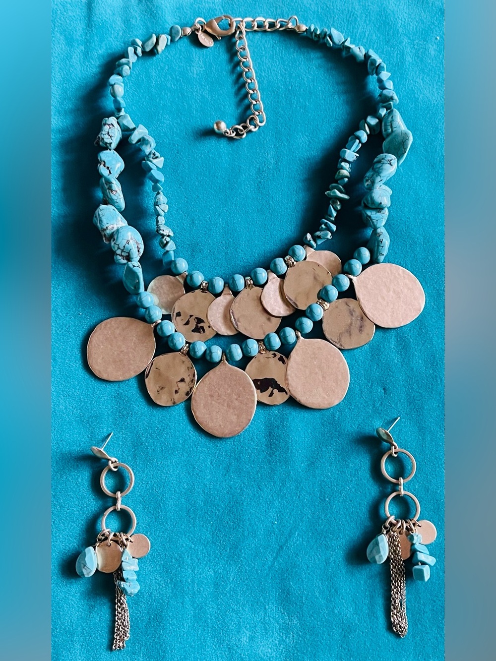 Chico's brass coin and turquoise double strand necklace 8"/earrings 3”